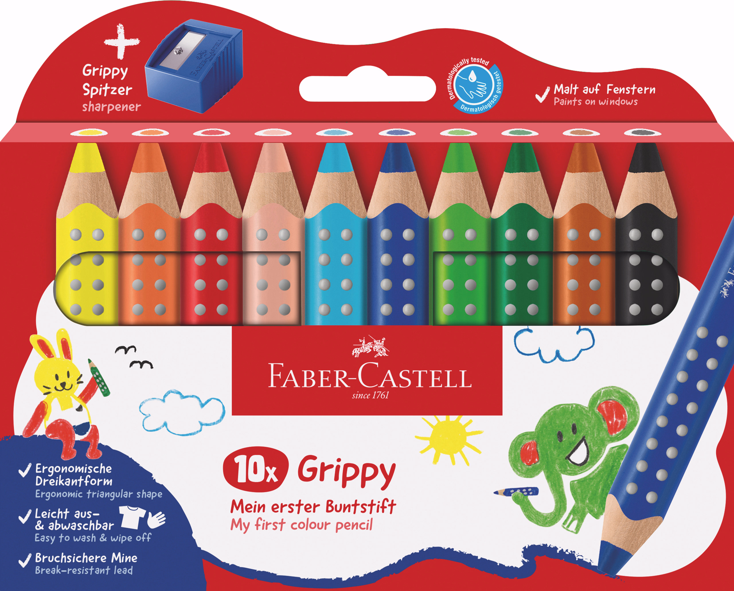 FABER-CASTELL Grippy Buntstifte, 10er-Set+Spitzer