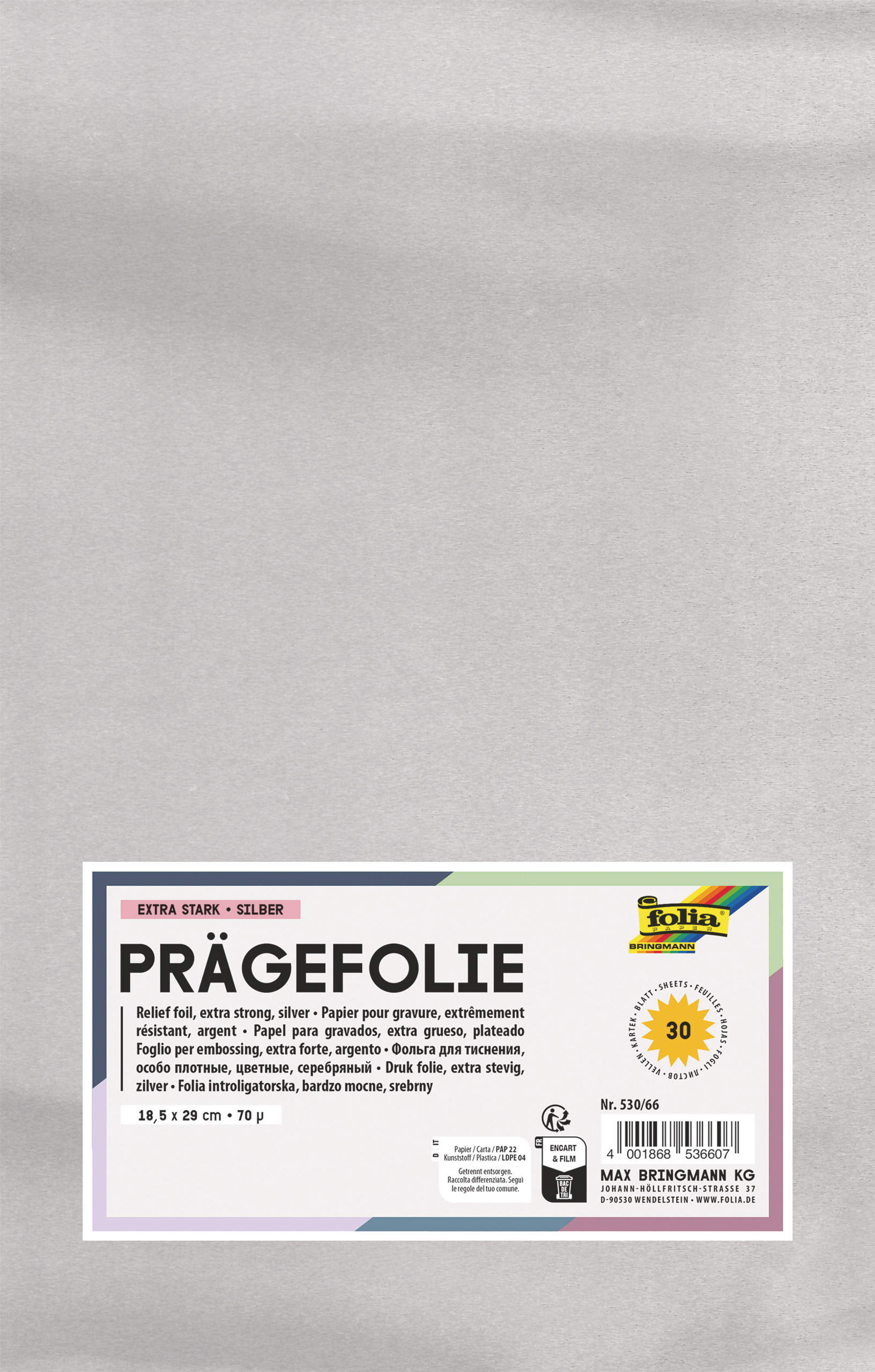 Film de gaufrage (185x290mm), 30 feuilles argentées